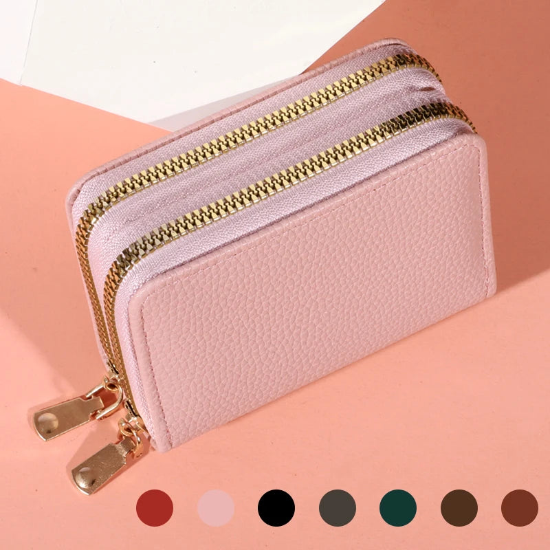 Compact PU Leather Double-Zipper Wallet for Women