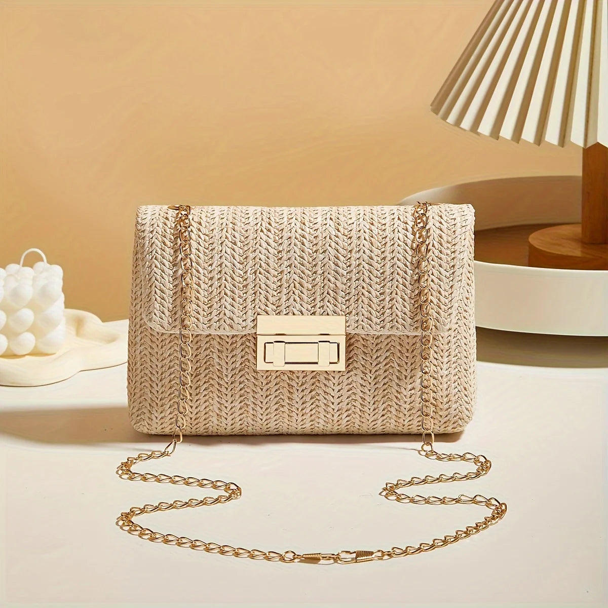 Elegant Woven Straw Crossbody Bag with Gold Chain