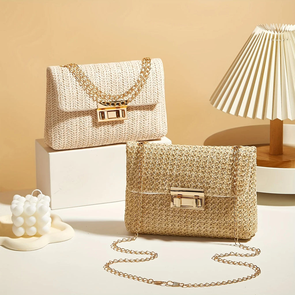 Elegant Woven Straw Crossbody Bag with Gold Chain