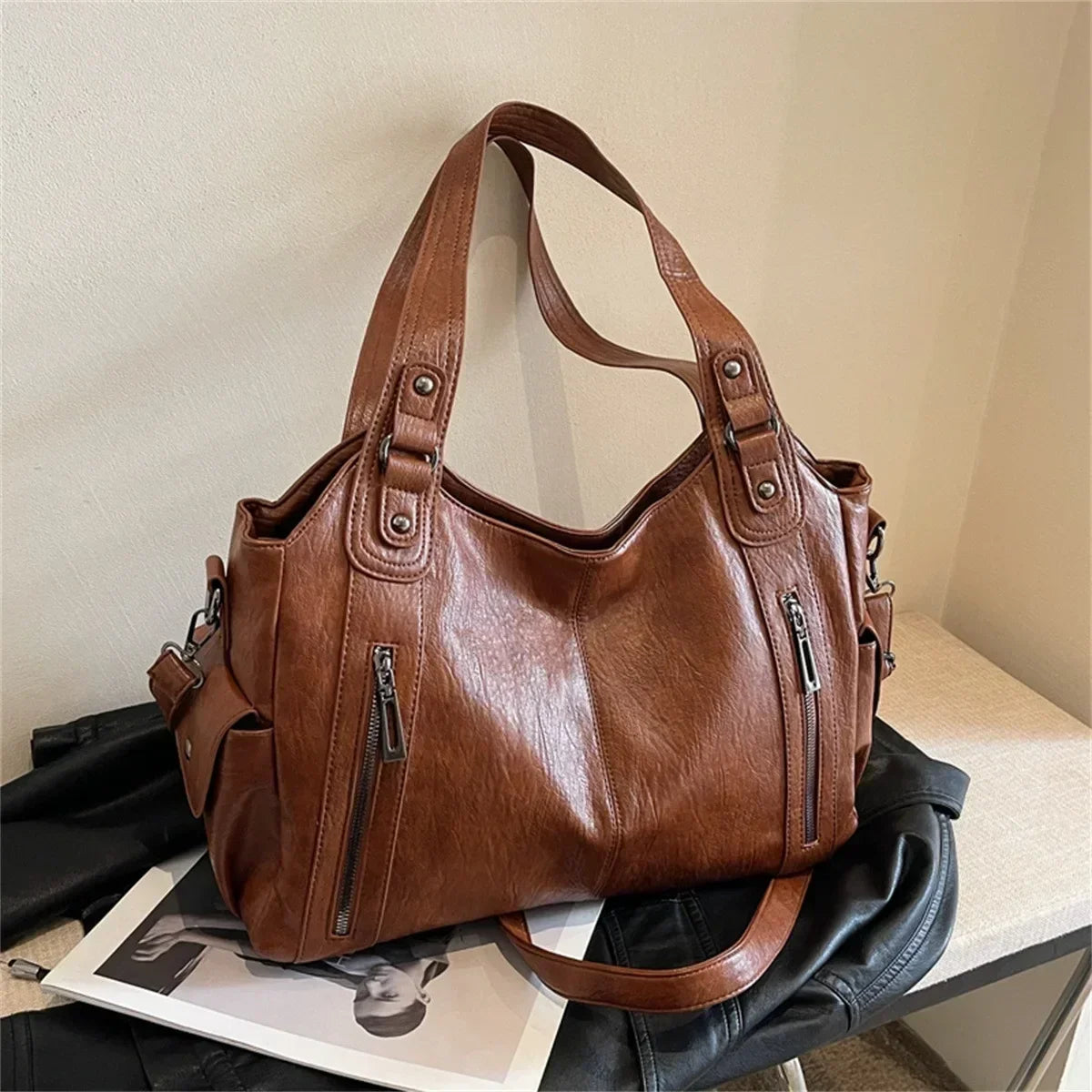 Large PU Leather Hobo Shoulder Bag for Women