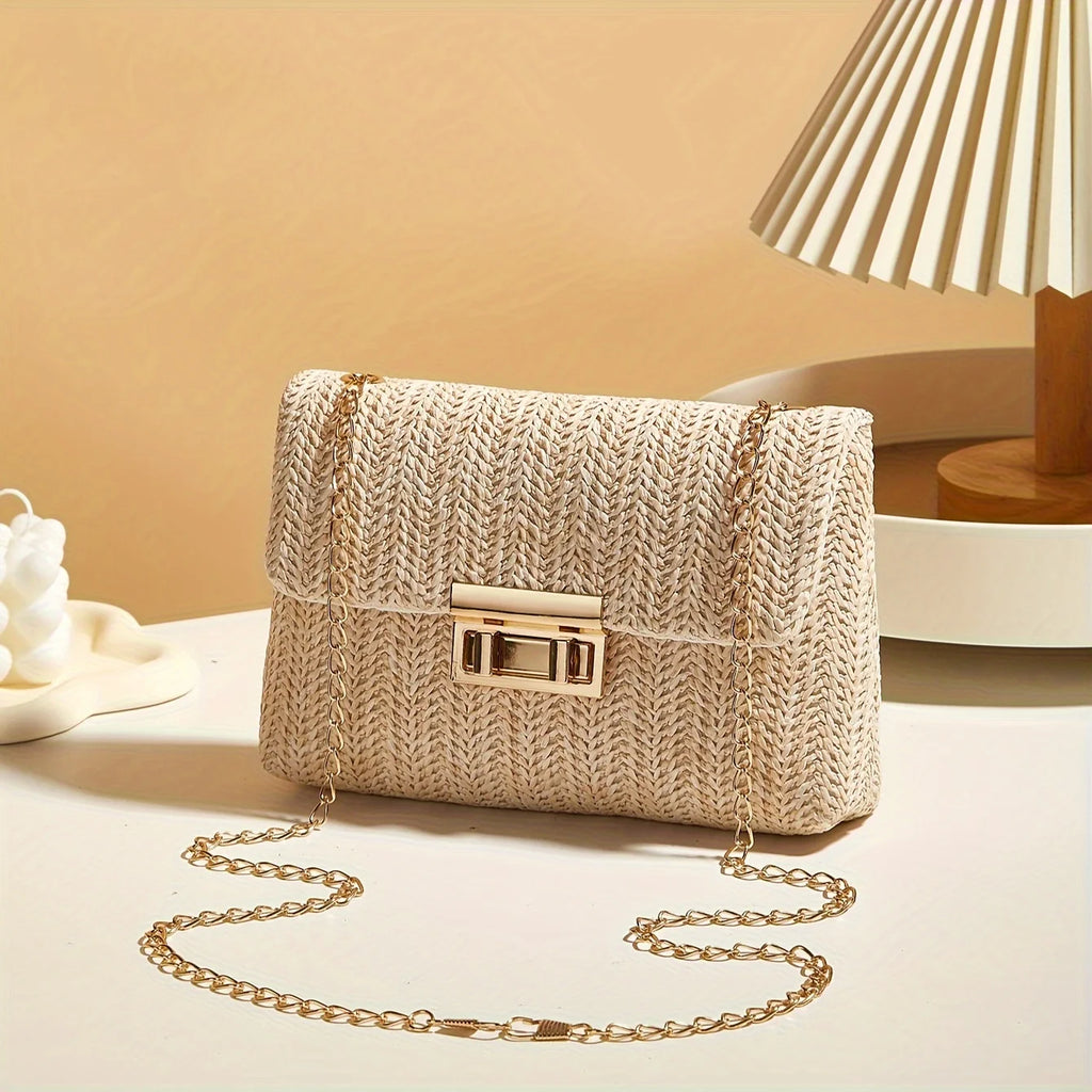 Elegant Woven Straw Crossbody Bag with Gold Chain