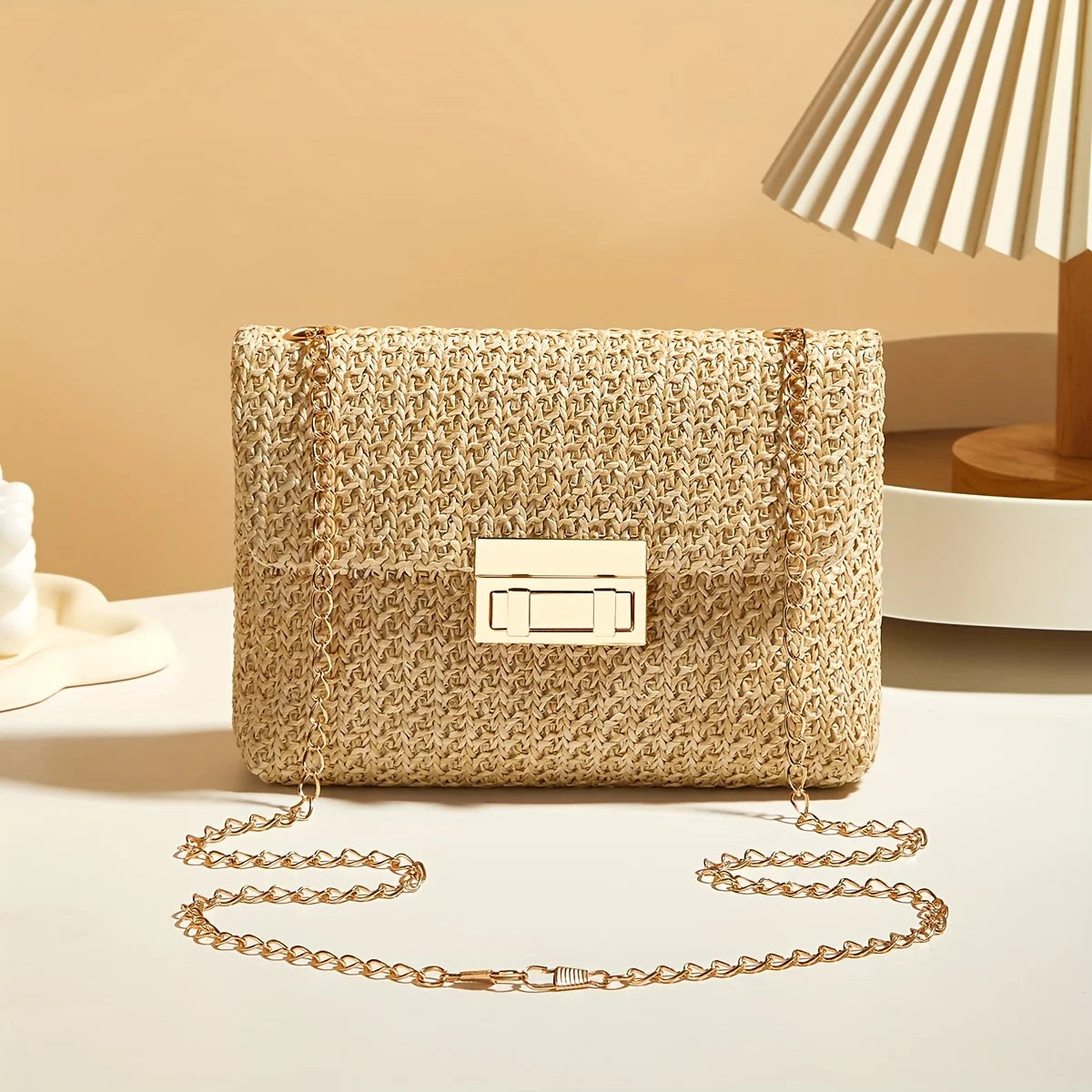 Elegant Woven Straw Crossbody Bag with Gold Chain