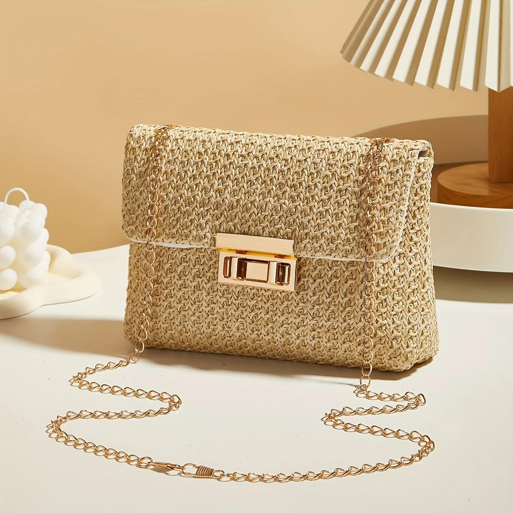 Elegant Woven Straw Crossbody Bag with Gold Chain