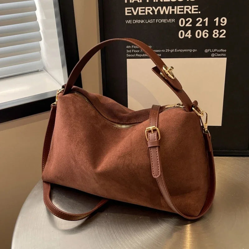 Retro Suede-Style Hobo Shoulder Bag for Women