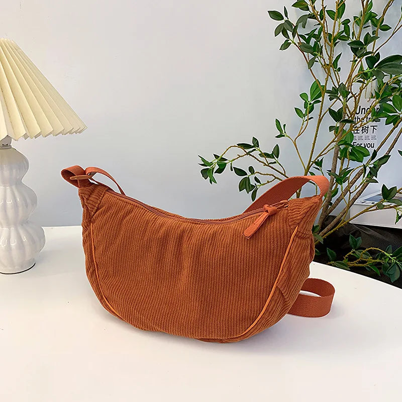 Solid Color Corduroy Hobo Shoulder Bag for Women