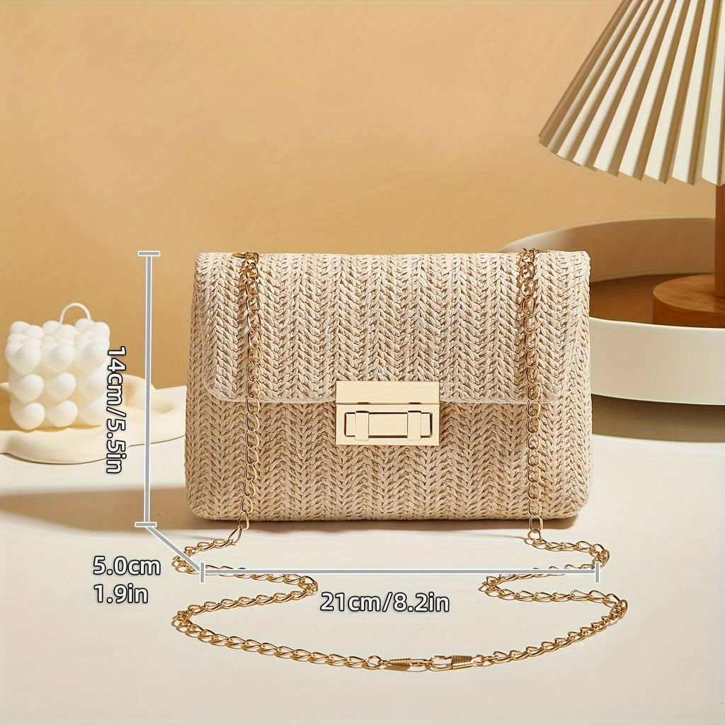 Elegant Woven Straw Crossbody Bag with Gold Chain